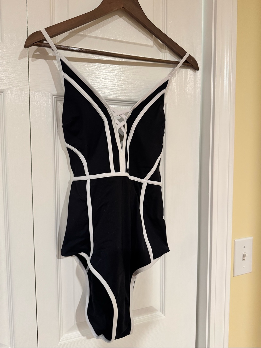 NWT Black One-Piece Swimsuit with White Piping